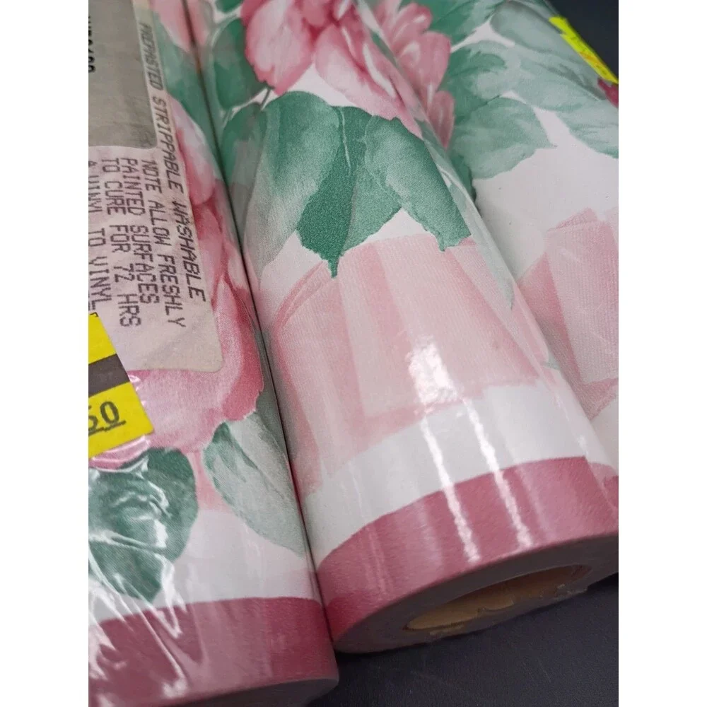 Vtg 1980s Wallpaper Border Mauve Roses Floral 5 Rolls 6.7
